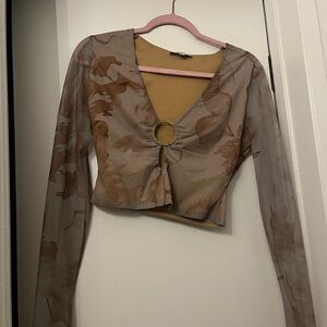 Elegant Sheer Brown Long Sleeve Blouse